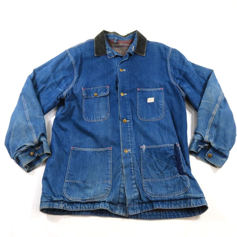 Sears Roebucks Chore Barn Jacket Corduroy Collar Blue Denim Made in USA Sz XL